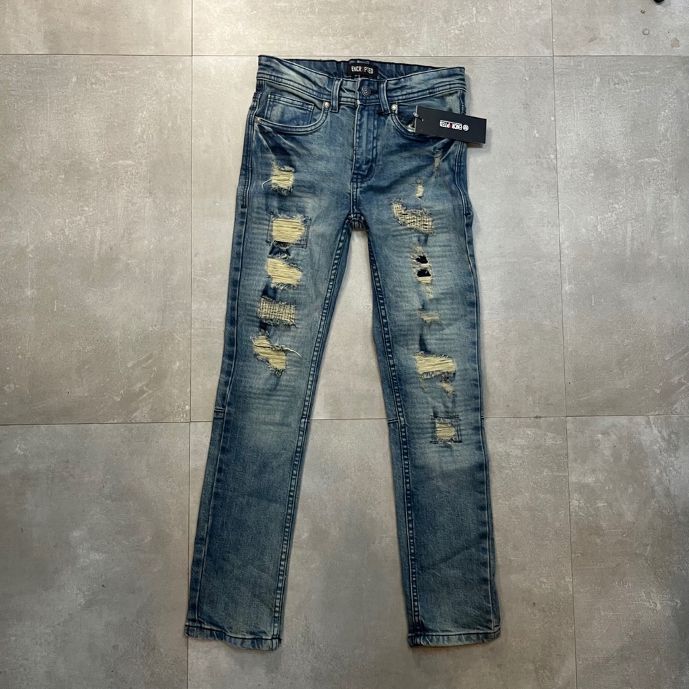 Encrypted Boys Skinny Stretch Distressed Ripped Jeans Blue Denim Size 12 NEW